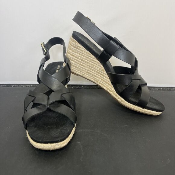 Cole Haan Crystal Womens Size 9.5B Shoes Black Leather Wedge Espadrille Sandals - Picture 2 of 13